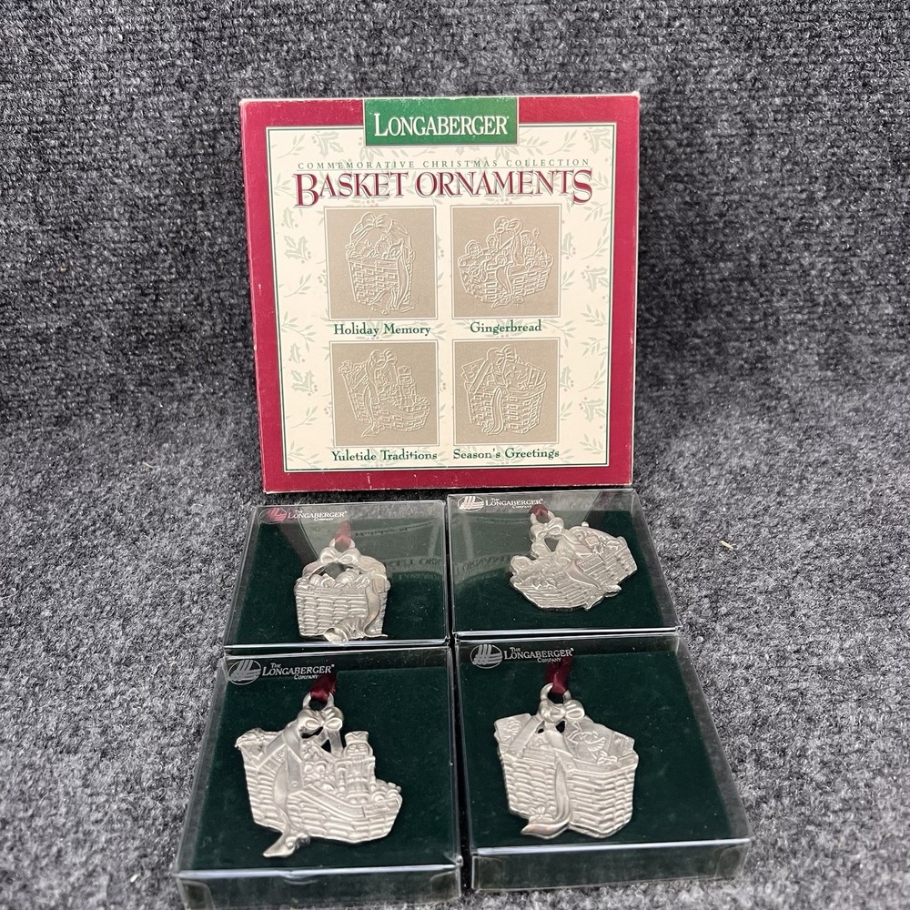 1996 Longaberger Pewter Christmas Collection Basket Ornament Set Of 4 1989-1992
